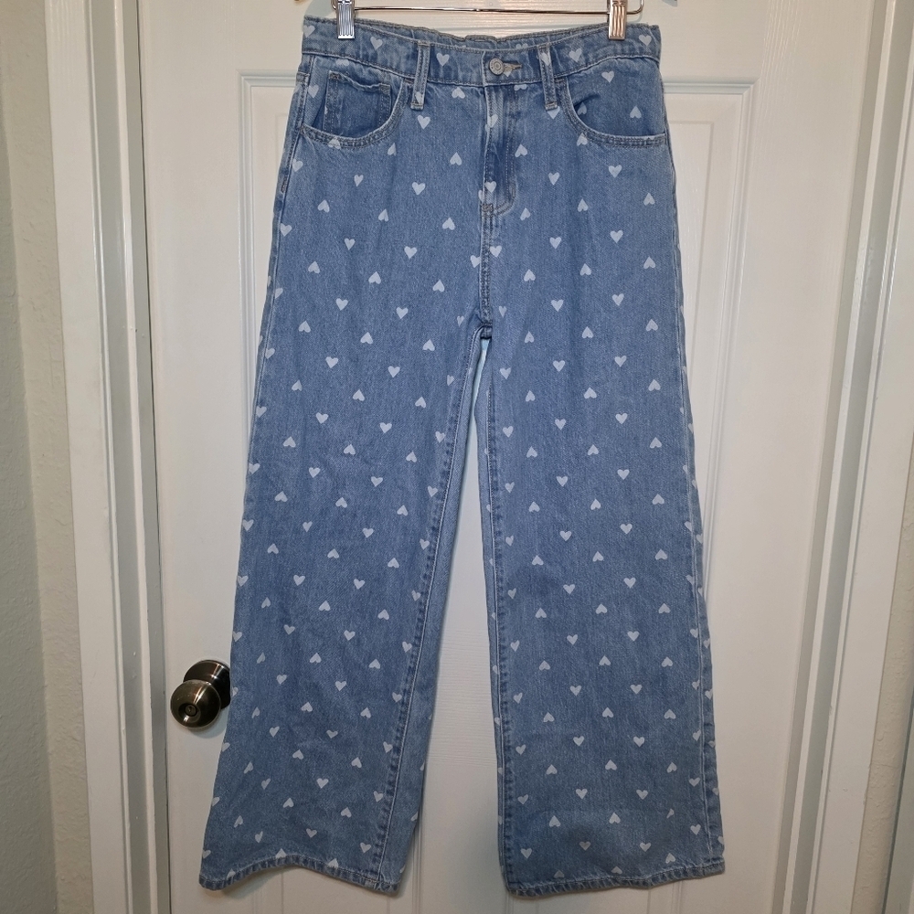 Old Navy High-Waisted Baggy Wide-Leg Jeans for Girls Heart Print Sz 16